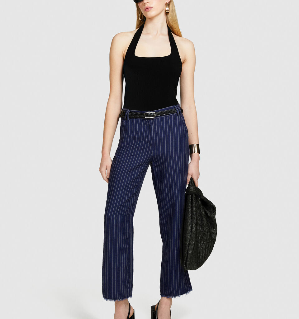 Pinstripe trousers in 100% linen - women's regular fit trousers - Dark Blue | Sisley image number 1